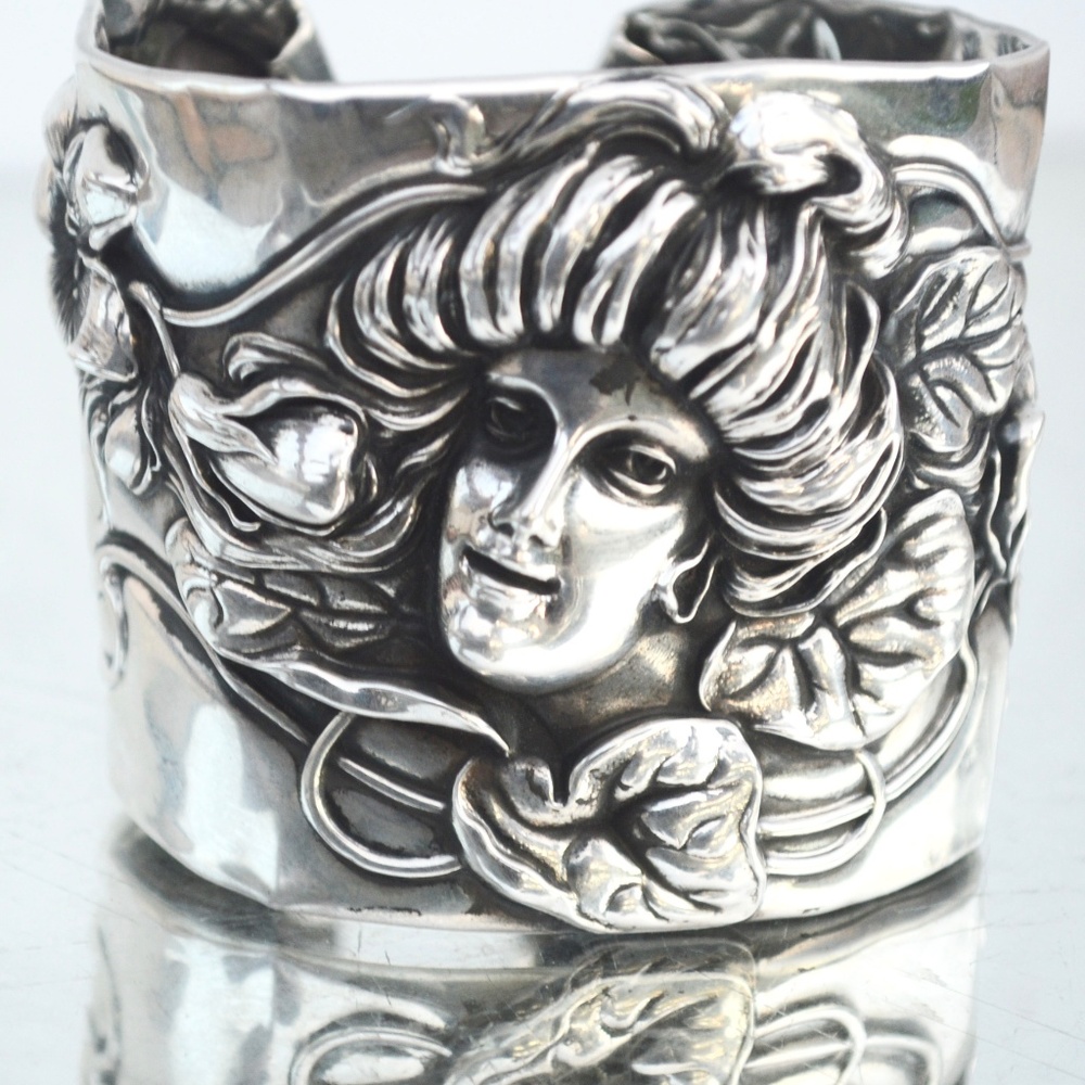 Antique Art Nouveau Sterling Silver Cuff 925 Wide Lady Face Gibson Girl Floral - Picture 2 of 8